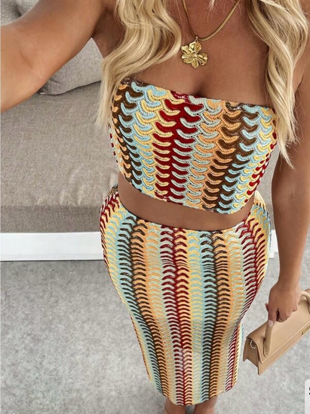Multicolor Crochet Knit Skirt and Top Set